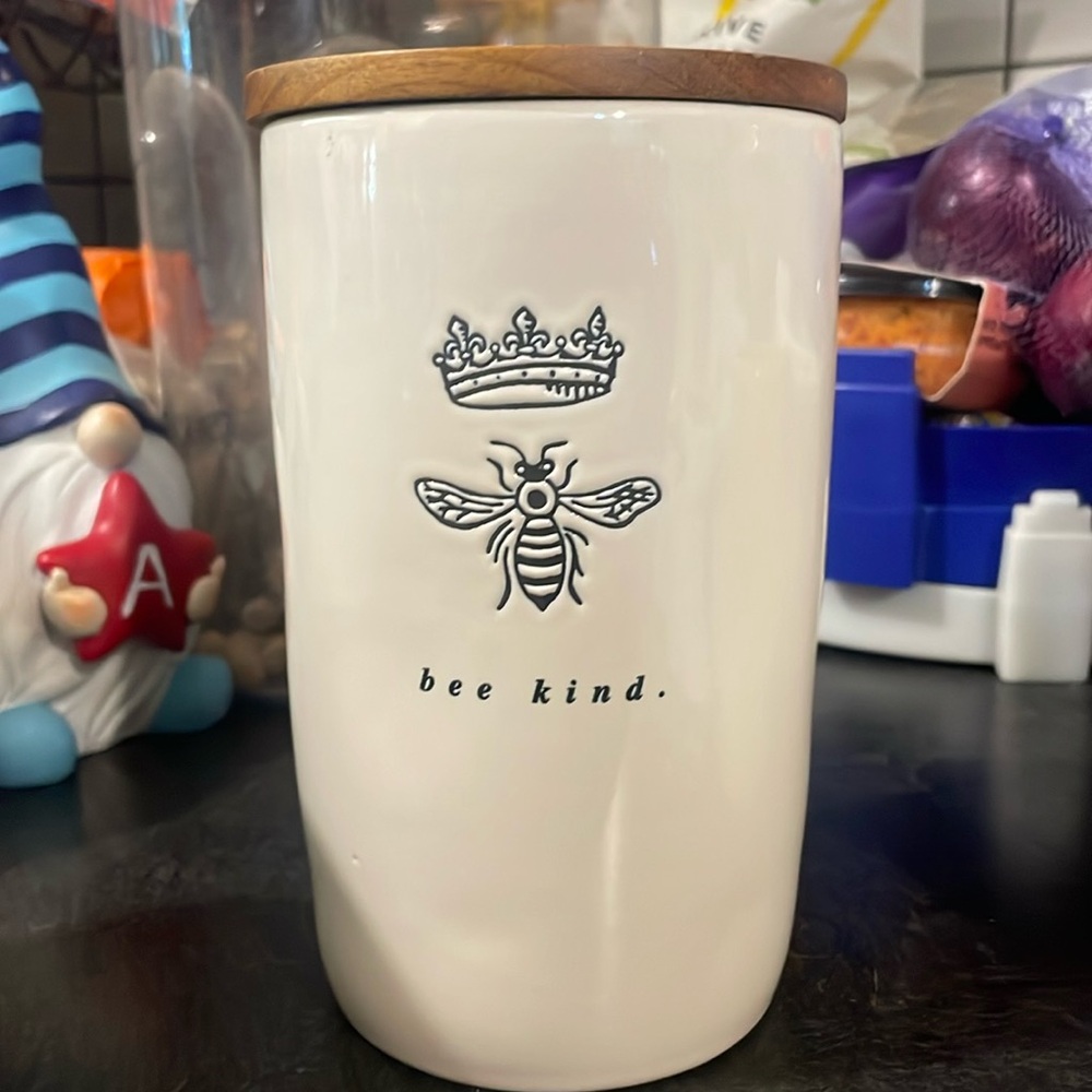 Rae Dunn Queen Bee pottery canister.